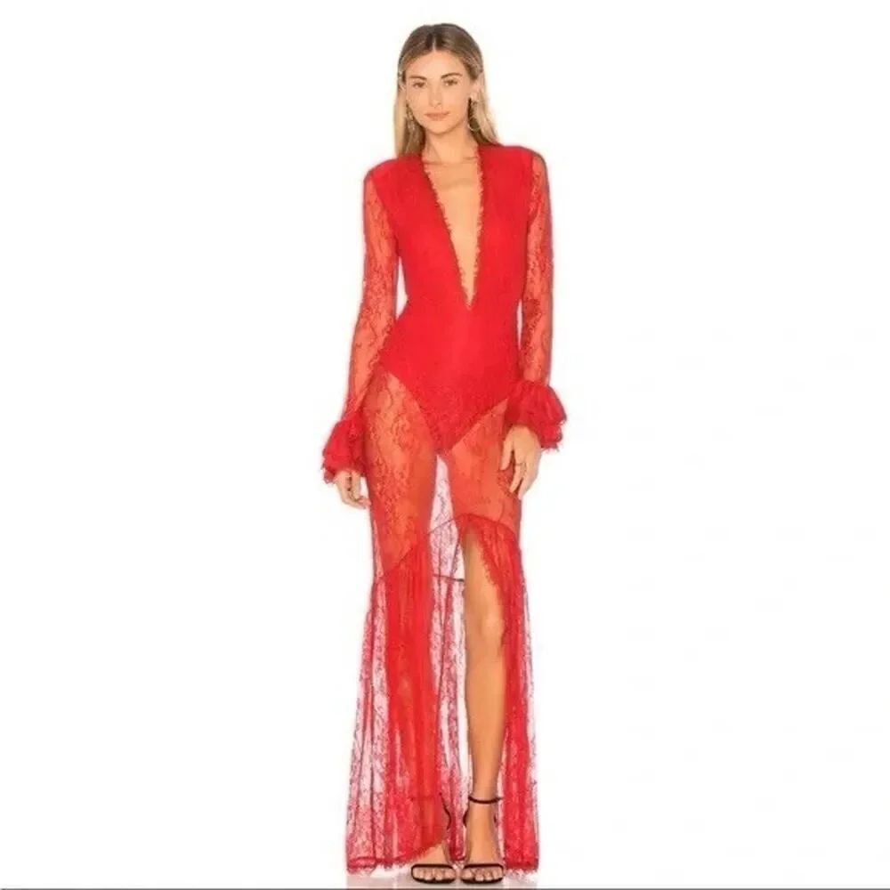NWT Lovers + Friends Zelda Red Lace Maxi Dress XS Long Sleeve Sheer